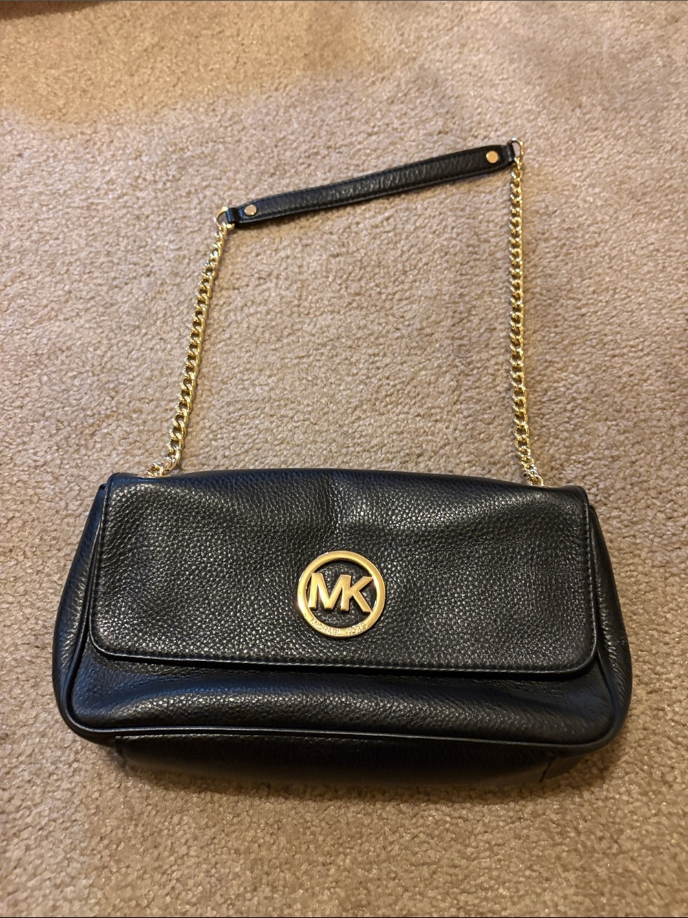 Michael Kors Black Leather Shoulder Bag with Gold MK Emblem